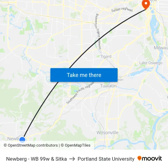 Newberg - WB 99w & Sitka to Portland State University map