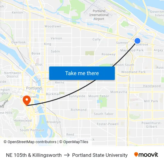 NE 105th & Killingsworth to Portland State University map
