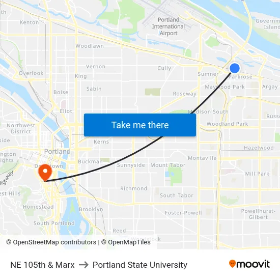 NE 105th & Marx to Portland State University map