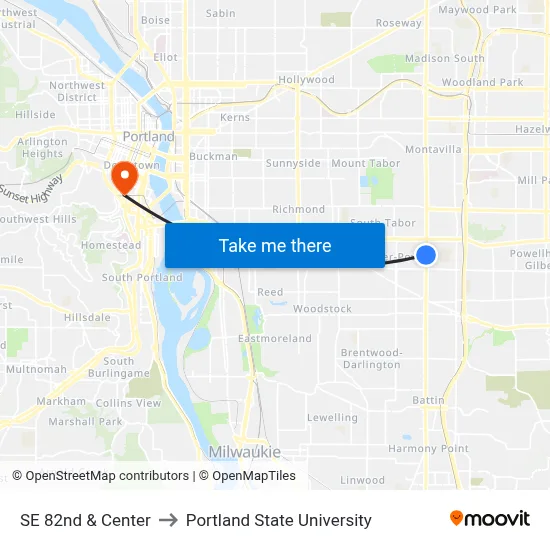 SE 82nd & Center to Portland State University map