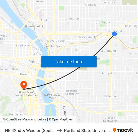 NE 42nd & Weidler (South) to Portland State University map