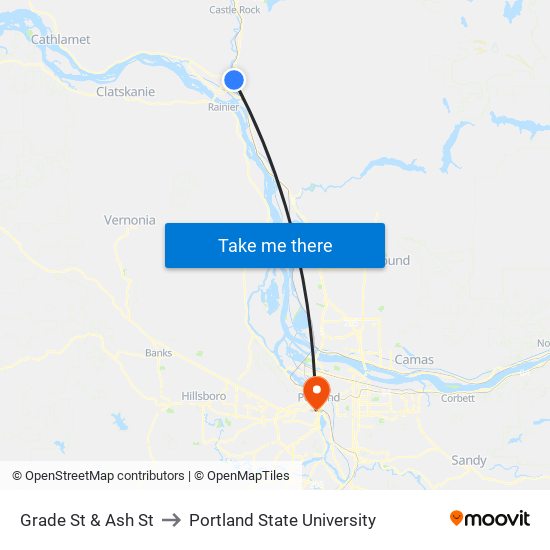 Grade St & Ash St to Portland State University map