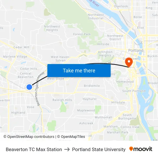 Beaverton TC Max Station to Portland State University map