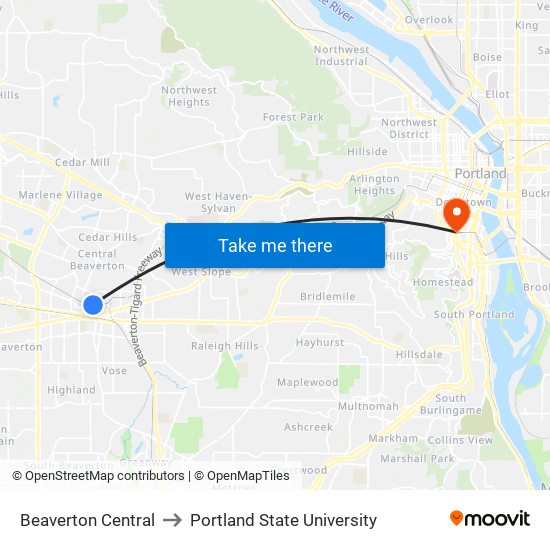 Beaverton Central to Portland State University map