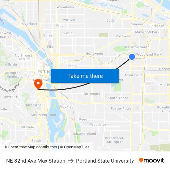 NE 82nd Ave Max Station to Portland State University map