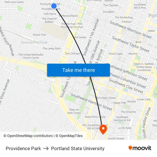 Providence Park to Portland State University map