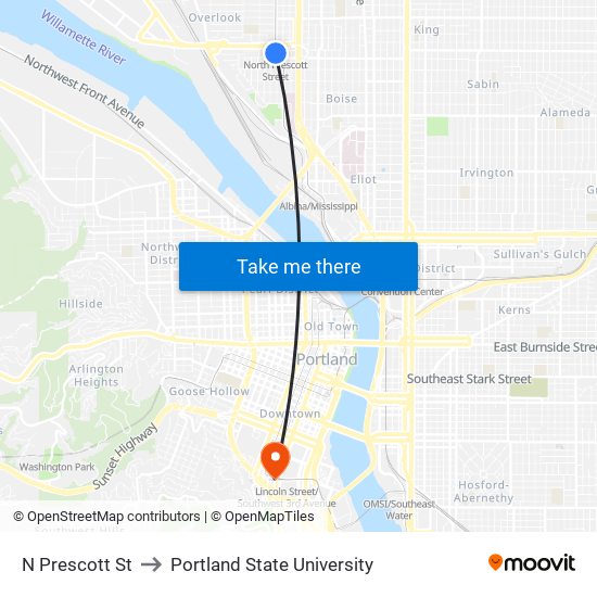 N Prescott St to Portland State University map