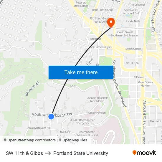 SW 11th & Gibbs to Portland State University map
