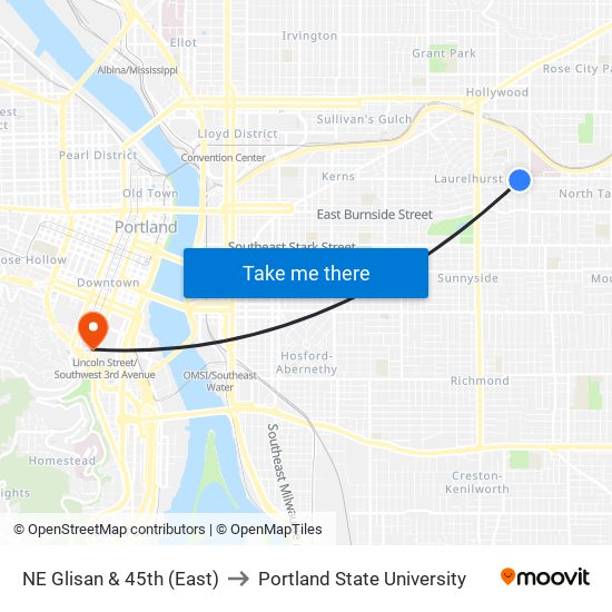 NE Glisan & 45th (East) to Portland State University map