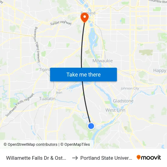 Willamette Falls Dr & Ostman to Portland State University map