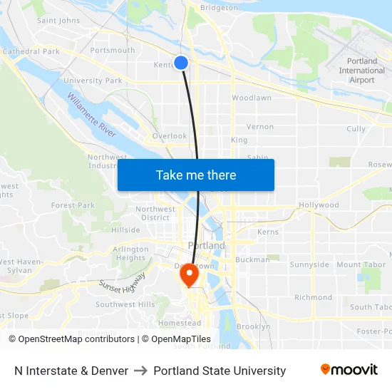 N Interstate & Denver to Portland State University map