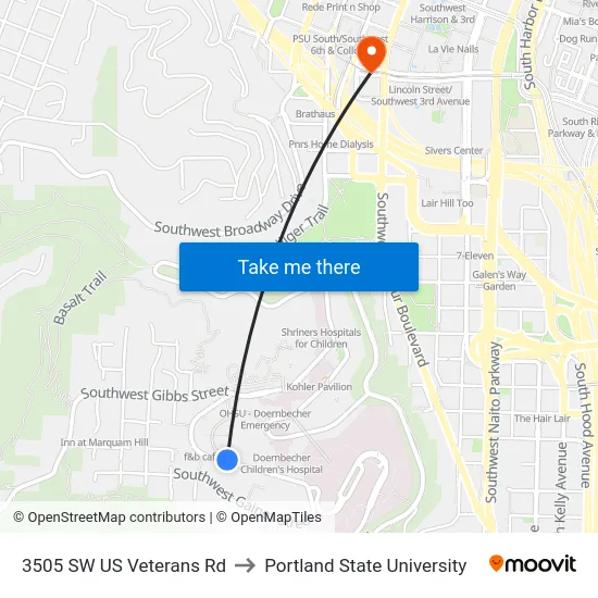 3505 SW US Veterans Rd to Portland State University map