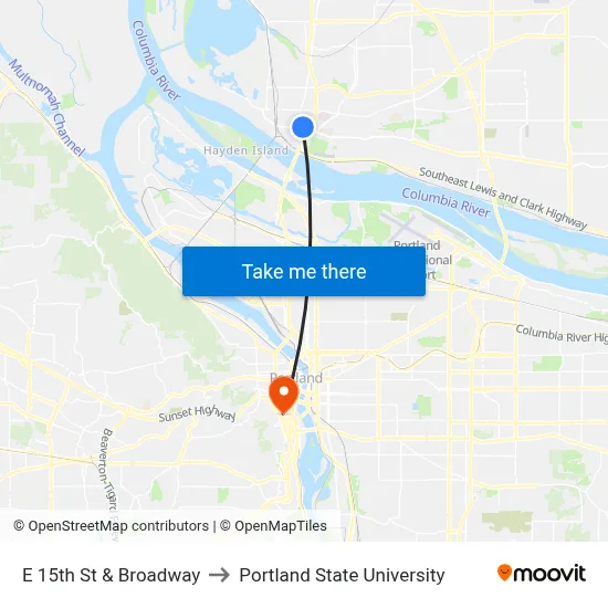 E 15th St & Broadway to Portland State University map