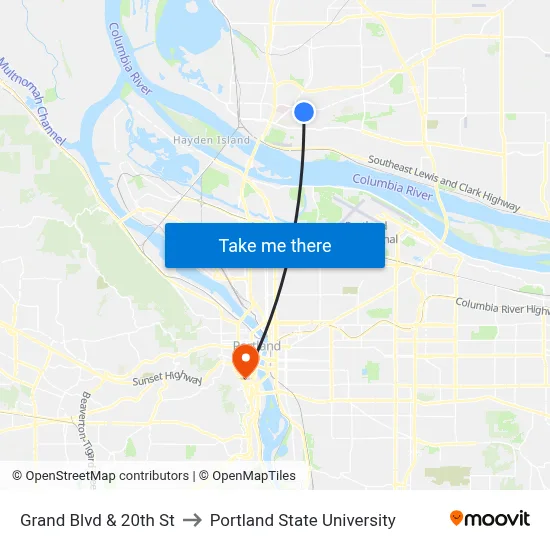 Grand Blvd & 20th St to Portland State University map