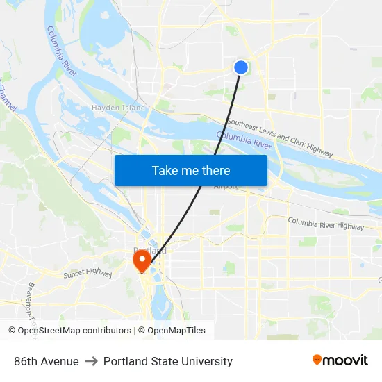 86th Avenue to Portland State University map