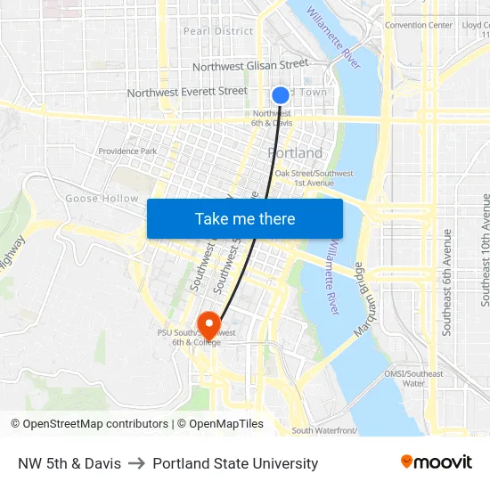 NW 5th & Davis to Portland State University map