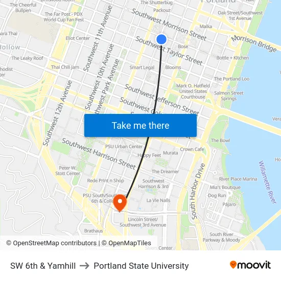 SW 6th & Yamhill to Portland State University map