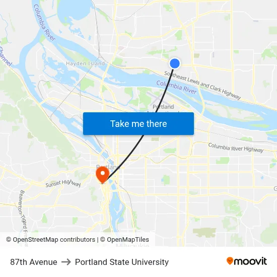 87th Avenue to Portland State University map