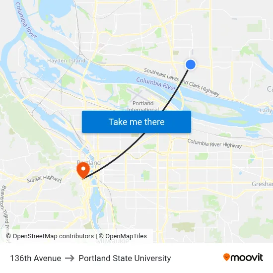 136th Avenue to Portland State University map