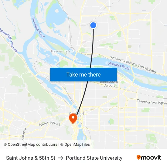 Saint Johns & 58th St to Portland State University map