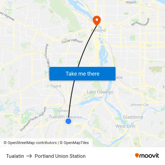 Tualatin to Portland Union Station map