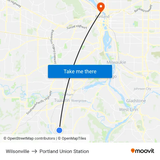 Wilsonville to Portland Union Station map