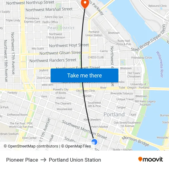 Pioneer Place to Portland Union Station map
