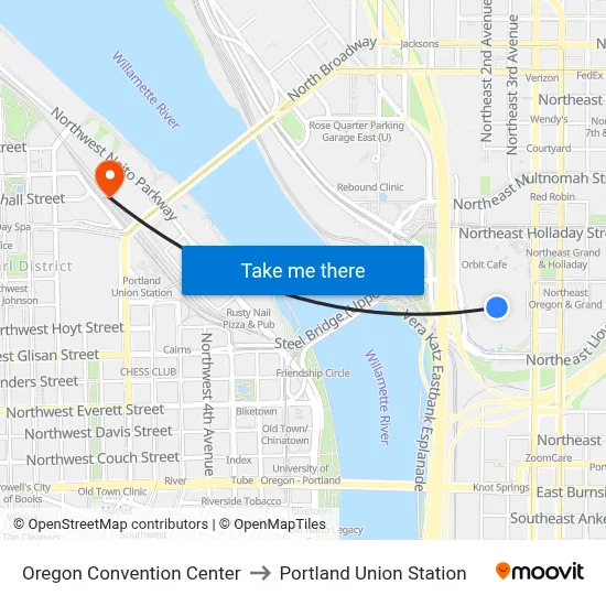 Oregon Convention Center to Portland Union Station map