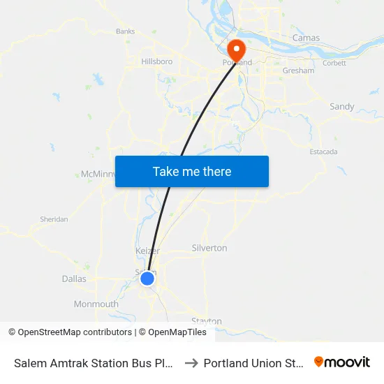 Salem Amtrak Station Bus Platform to Portland Union Station map