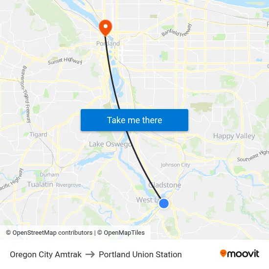 Oregon City Amtrak to Portland Union Station map