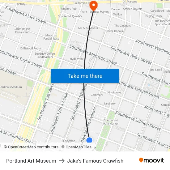 Portland Art Museum to Jake's Famous Crawfish map