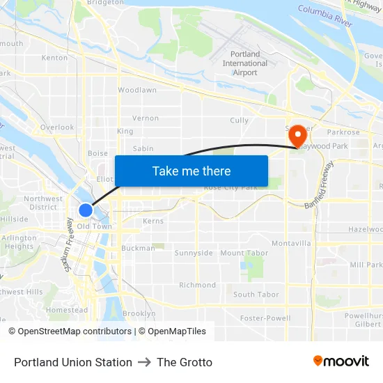 Portland Union Station to The Grotto map