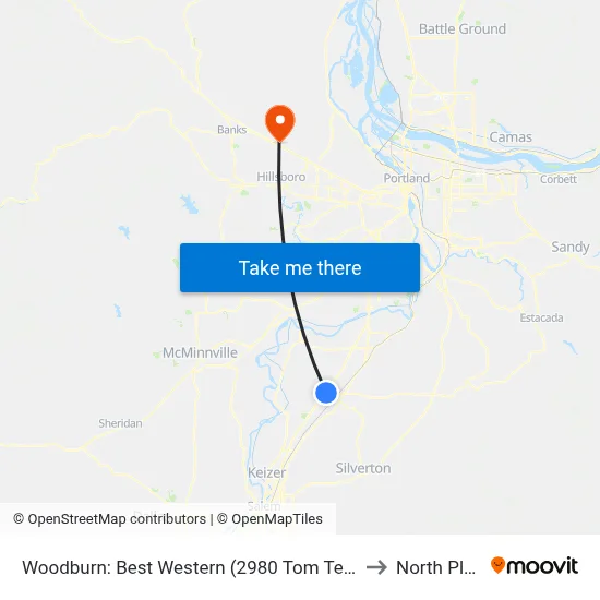 Woodburn: Best Western (2980 Tom Tennant Dr) to North Plains map