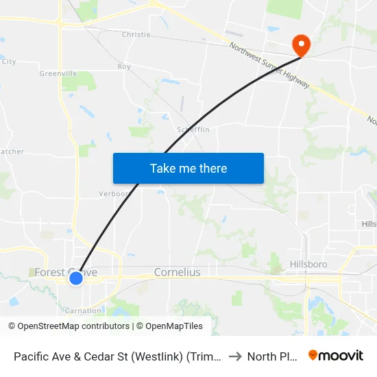 Pacific Ave & Cedar St (Westlink) (Trimet Stop) to North Plains map