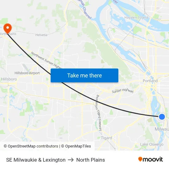 SE Milwaukie & Lexington to North Plains map