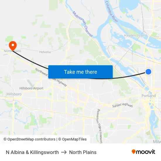 N Albina & Killingsworth to North Plains map