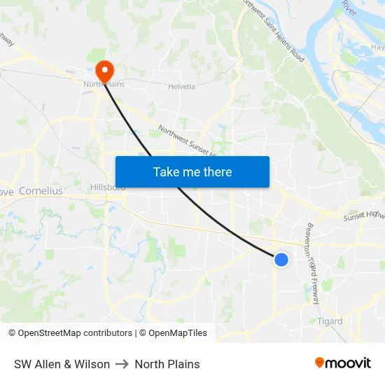 SW Allen & Wilson to North Plains map