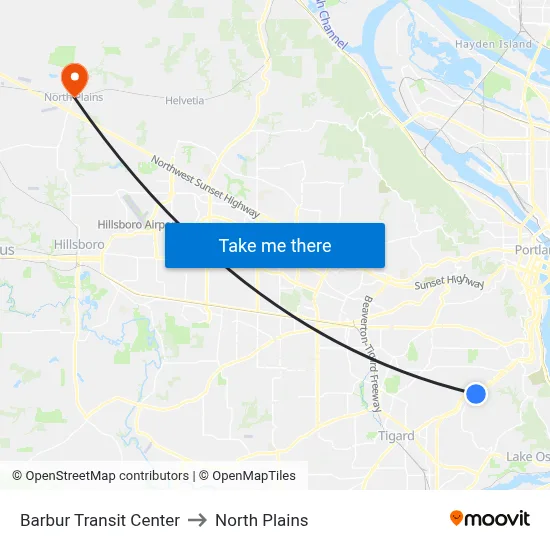 Barbur Transit Center to North Plains map