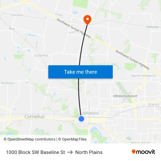 1000 Block SW Baseline St to North Plains map