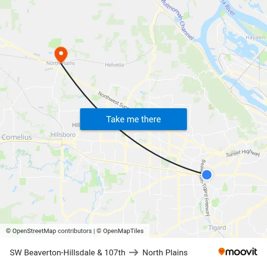SW Beaverton-Hillsdale & 107th to North Plains map