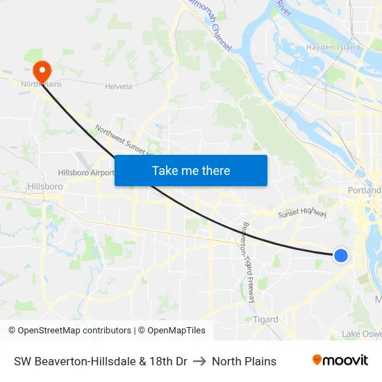 SW Beaverton-Hillsdale & 18th Dr to North Plains map