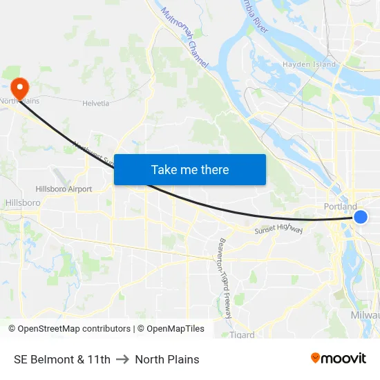 SE Belmont & 11th to North Plains map