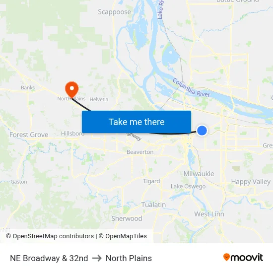 NE Broadway & 32nd to North Plains map