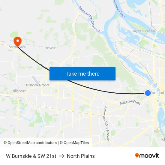 W Burnside & SW 21st to North Plains map