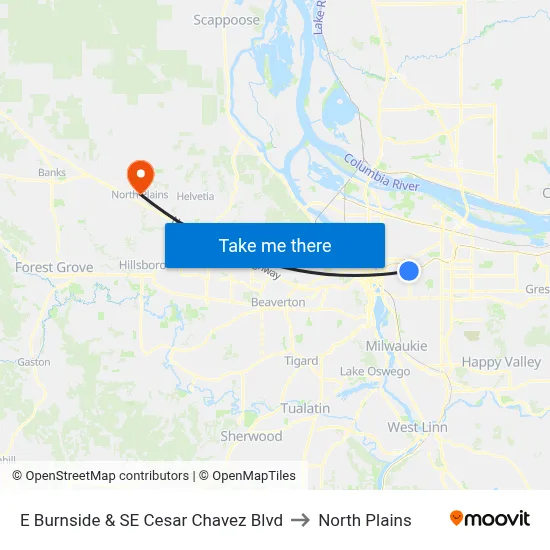 E Burnside & SE Cesar Chavez Blvd to North Plains map
