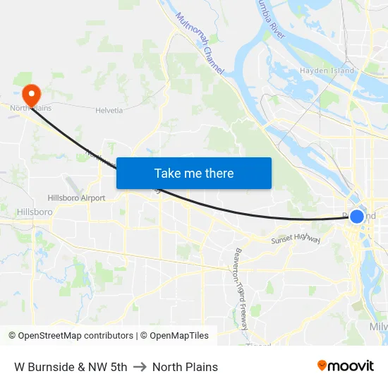 W Burnside & NW 5th to North Plains map