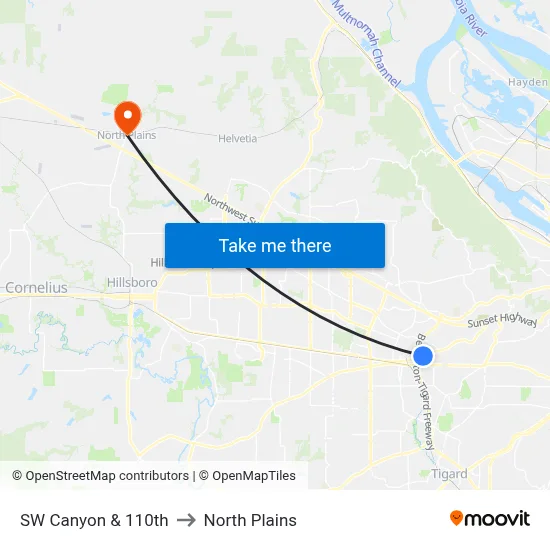 SW Canyon & 110th to North Plains map