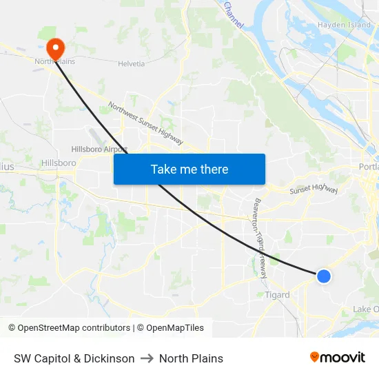 SW Capitol & Dickinson to North Plains map