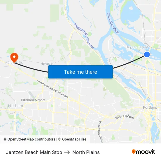 Jantzen Beach Main Stop to North Plains map