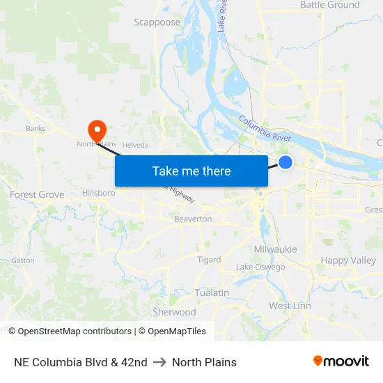 NE Columbia Blvd & 42nd to North Plains map